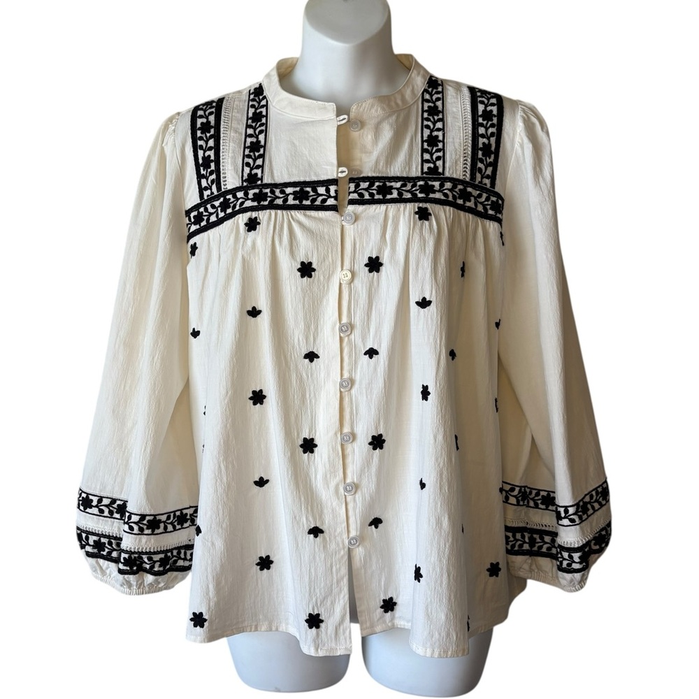 Böhme Artisan Embroidered Button-Down Blouse – Boho Chic Size L